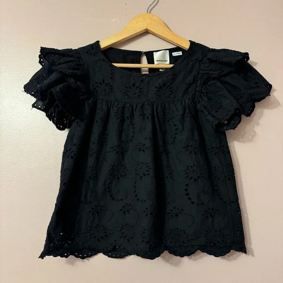 Industry Women's Double Ruffle Sleeve  Scallop Hem Eyelet Blouse Size S - Picture 3 of 9